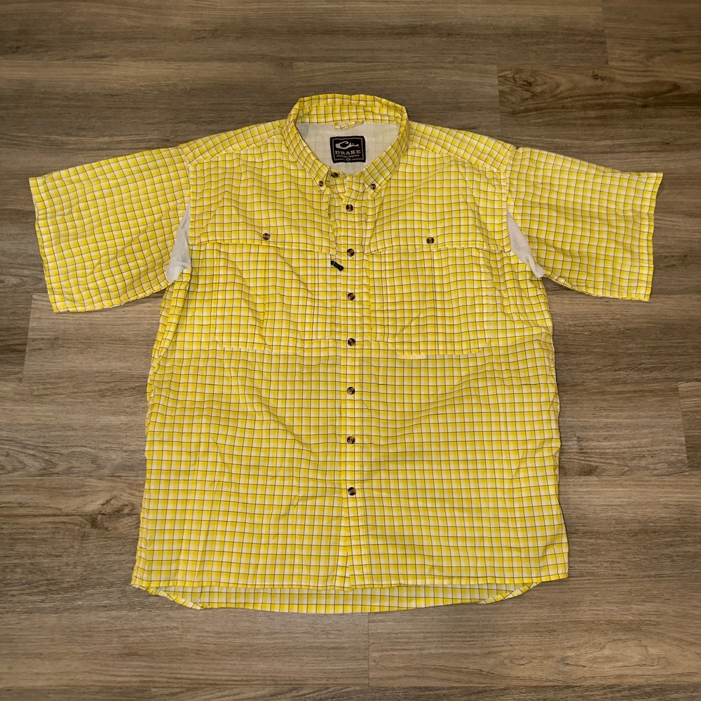 Drake Clothing Company Mens XL Yellow Plaid S/S Vented Fishing Shirt Pockets